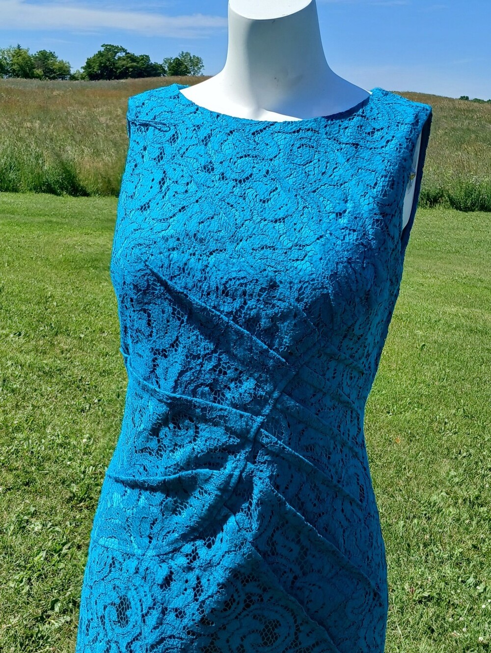 Adrianna Papell Teal Lace Sleeveless Sheath Dress Ruched Cocktail Evening size 4 - Picture 6 of 10